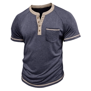 Detail of blue Henley shirt showing khaki contrast piping, three buttons and chest pocket