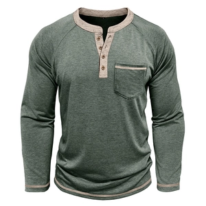 Mens dark green long sleeve Henley shirt with contrast trim and four buttons on a white background