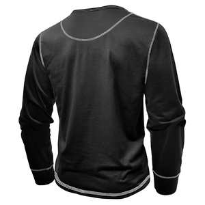 Detailed view of black long-sleeve Henley shirt featuring grey contrast stitching accents