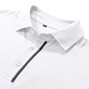 Detail of white polo shirt neckline with black textured trim and button placket