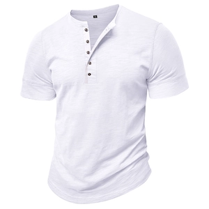 Detail of white Henley shirt featuring slub texture fabric and five dark buttons