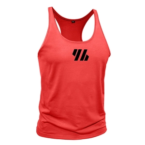 Detail shot of men's red gym tank top showing knitted fabric and inner XL size label