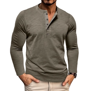 Men's Retro Slub Cotton Henley Shirt Long Sleeve Round Neck Five Button Placket Casual Slim Fit T-Shirt Top For Men
