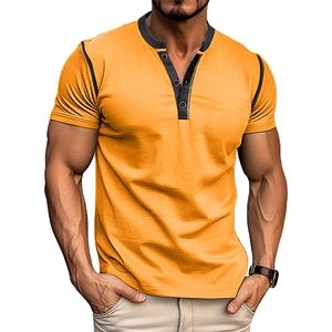 Detail view of contrast Henley collar with three buttons on orange cotton blend t-shirt