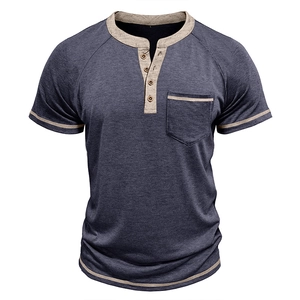 Detailed close-up of a men's navy marl Henley shirt with beige contrast stitching and buttons