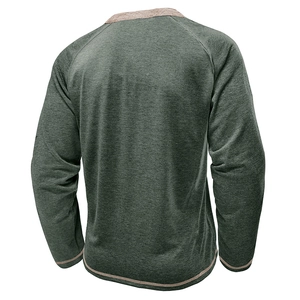 Back view of men's heather green long sleeve Henley shirt with brown contrast trim