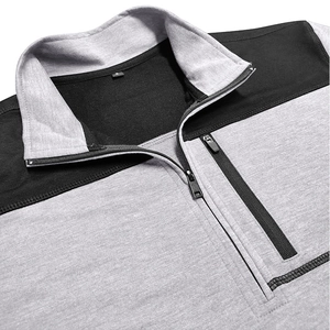 Detail of half-zip stand collar and chest zipper pocket on two-tone grey sweatshirt