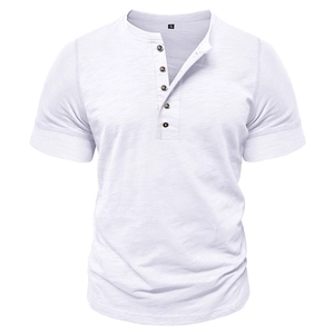 Detail view of white muscle Henley shirt with textured fabric and five brown buttons