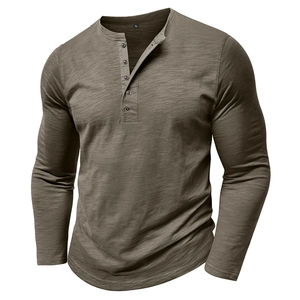 Men's long sleeve henley shirt in olive green with textured fabric and five buttons