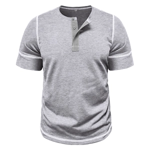 Detail of grey muscle Henley shirt showing contrast white stitching and knit texture