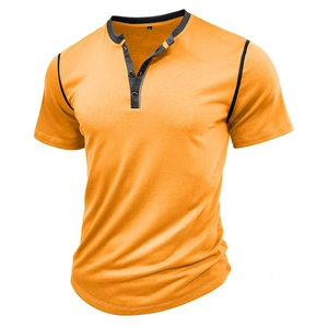 Detail of burnt orange waffle knit Henley shirt with black trim and three-button collar
