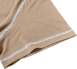 Detailed close-up of khaki Henley shirt featuring white contrast flatlock stitching seams