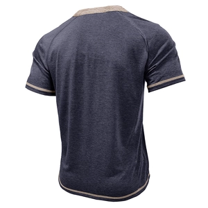 Rear view of heather grey Henley T-shirt with contrast khaki piping and raglan sleeves