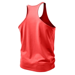Rear view of red men's racerback gym tank top showing athletic cut and muscle fit design