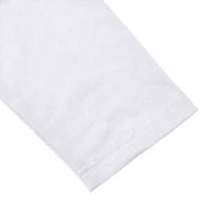 Close-up of white long sleeve polo shirt showing premium double-stitched hem and knit fabric