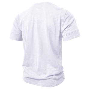 Rear view of white muscle Henley shirt showing breathable slub cotton fabric texture
