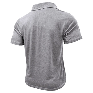 Back view of grey slim fit polo shirt with textured knit fabric and turn-down collar