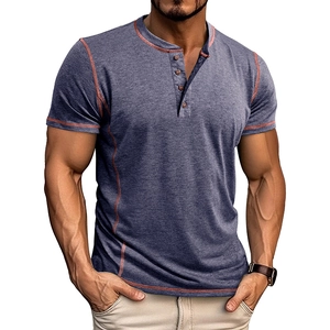 Detail of navy Henley shirt with orange contrast stitching and four-button neckline