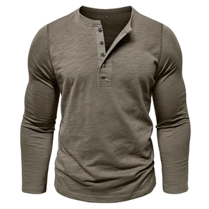 Olive green long sleeve Henley shirt for men with textured slub fabric and buttons