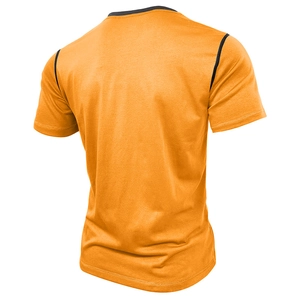 Detail view of orange t-shirt back with black round collar and contrast shoulder stitching