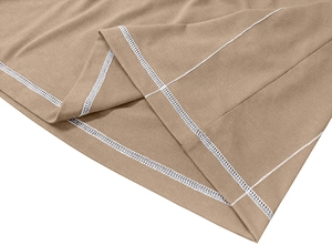 Close-up of khaki short-sleeve Henley shirt showing white overlock stitching and knit fabric