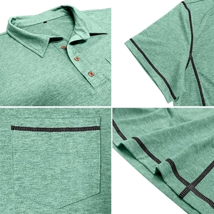 Détails du polo en maille verte avec boutons en bois et poche de poitrine pratique