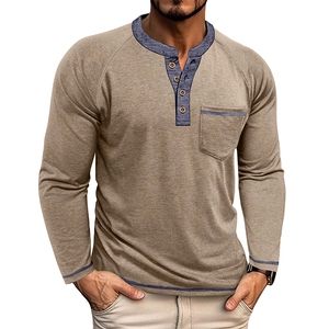 Men's khaki long sleeve Henley shirt with navy contrast neck and chest pocket detail