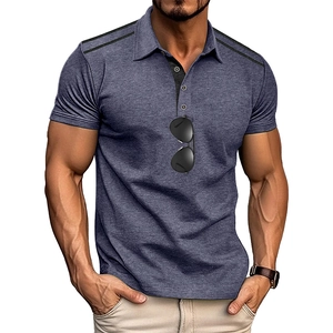 Detail of grey-blue men's polo shirt with black shoulder stripes and buttoned collar