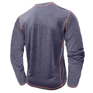 Detailed back view showing orange flatlock stitching on heather purple long sleeve Henley