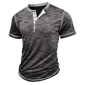 Detailed view of the dark gray Henley shirt neckline with four buttons and contrast stitching