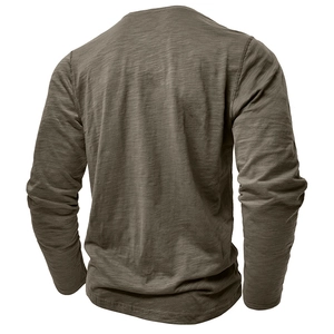 Men's olive brown long sleeve slub texture Henley shirt, plain casual t-shirt back view