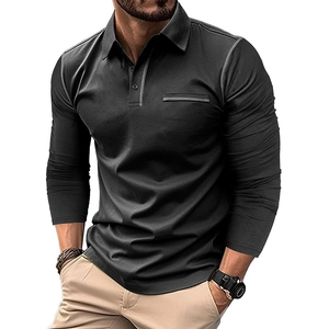 Detail of long sleeve Polo shirt with three-button collar and striped chest pocket