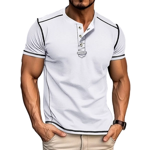 Close-up of white short sleeve Henley shirt with black contrast stitching details