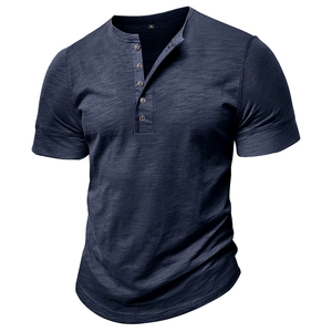 Detail of navy blue slub texture knit fabric and 5-button Henley neckline for men