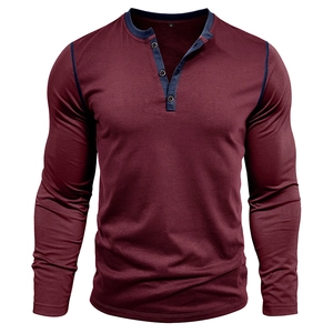 Detail view of burgundy long sleeve Henley shirt with navy contrast stitching and buttons