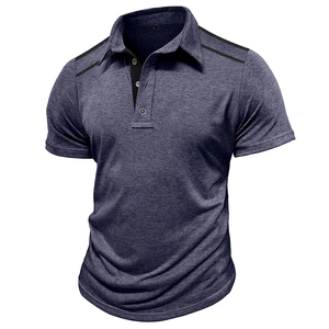 Detail of navy blue polo shirt featuring button placket and textured melange fabric