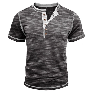 Close-up of grey space-dye Henley shirt featuring a three-button placket and white stitching