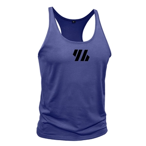 Detail view of royal blue gym stringer vest featuring a black geometric chest logo