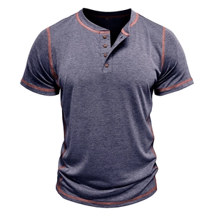 Detail of grey Henley shirt showing contrast orange stitching and button placket neck