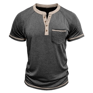 Close-up of Henley shirt with raglan sleeves, chest pocket, and wooden buttons