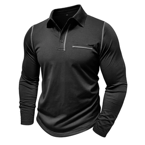Detail of black long-sleeve polo shirt showing gray contrast stitching on collar and buttons