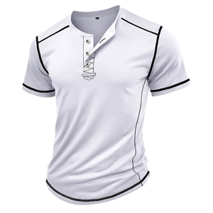 Detail of white Henley shirt featuring black contrast stitching and three-button neckline