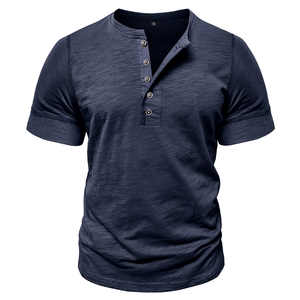 Detail of navy blue slub cotton texture and 5-button Henley neckline on men's slim fit T-shirt