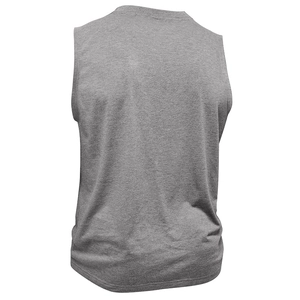 Vista posteriore della canotta Henley grigio mélange con trama a maglia fine