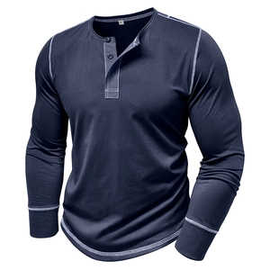 Navy blue Henley t-shirt for men with long sleeves and contrast stitching details