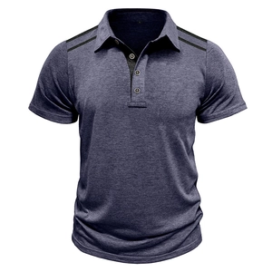 Detail view of men's polo shirt showing button placket and black shoulder tape accents