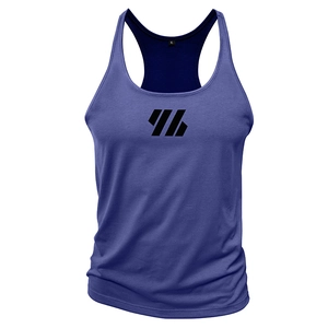 Detail of purple training vest showing the neckline, size label XL, and chest logo print