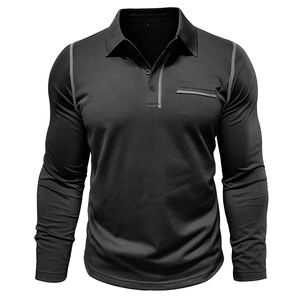 Close-up of contrast stitching detail on charcoal grey men's long sleeve polo shirt