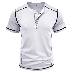 Detail of white men's Henley shirt with black piping and four buttons on neckline