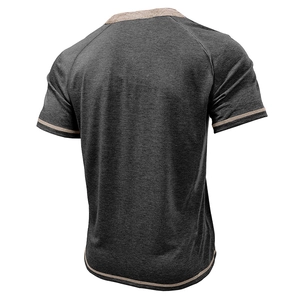 Rear view detail of a men's dark grey Henley shirt showing brown contrast trim and texture